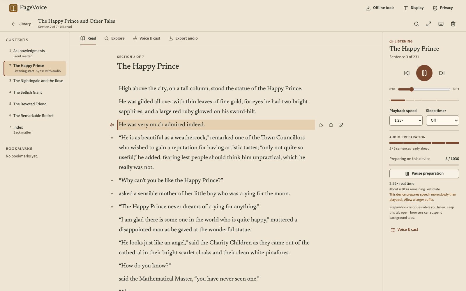 The PageVoice reader with “The Happy Prince” by Oscar Wilde open: a contents list on the left, the chapter text in the middle with the current sentence highlighted, and the audio player on the right.